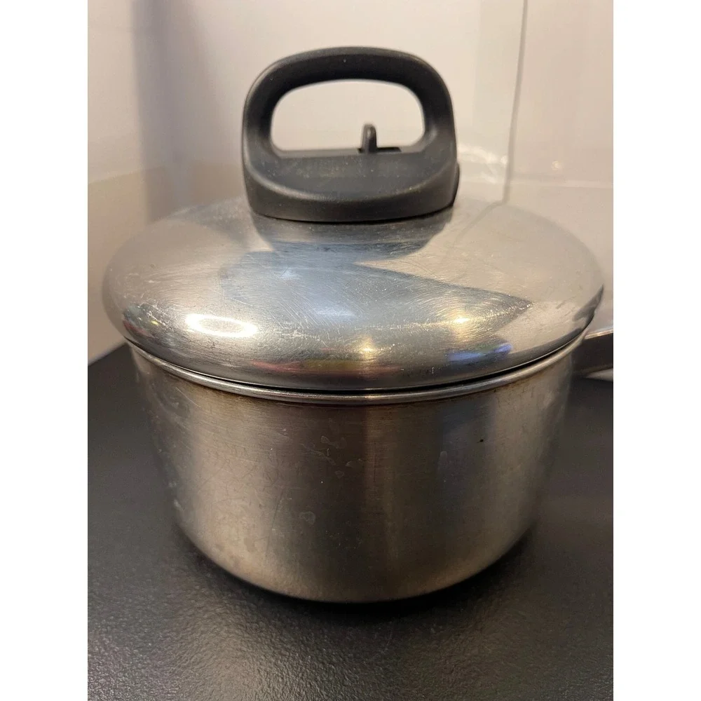 Revere Stainless Steel Saucepan with Vented Lid Silver Black Handle Kitchen Pot